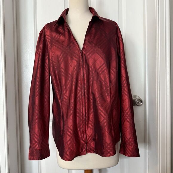 Coldwater Creek Red Zip Front Blouse PXL Plaid Collar Holiday Christmas Shiny - Picture 11 of 11